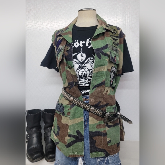 US Army Military Camo Vest Hippie Grunge Upcycled - Picture 7 of 13
